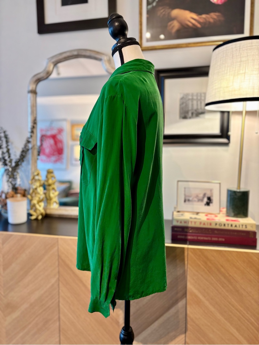 100% Silk PRINCIPLES Vintage Emerald Green Button-Up Shirt Medium - Picture 7 of 12